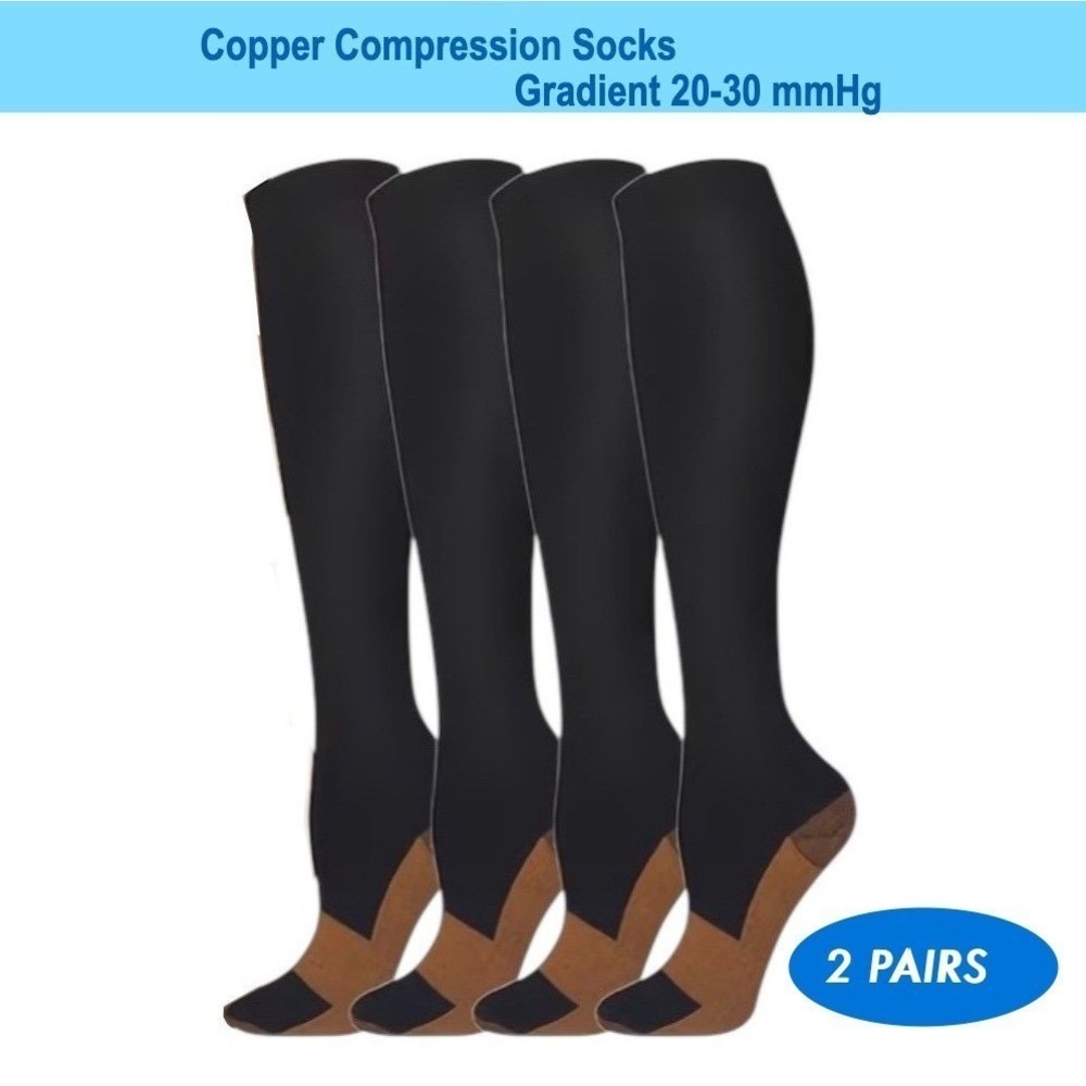 Unisex 20-30 mmHg Compression Socks L/XL Knee High‎ Medical Black Rib 2 Pack NEW